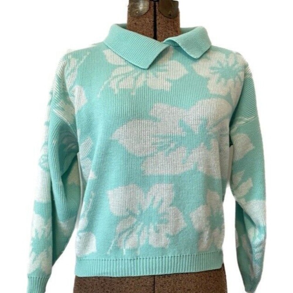 Vintage 90s Kate Collins Aqua Floral Pullover Sweater Tropical Pastel Sz Med